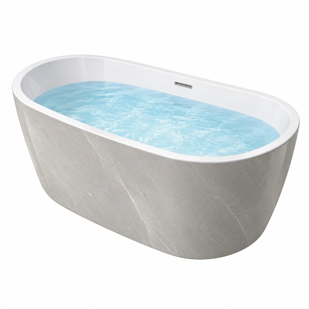 Freistehende Badewanne 170 x 75 cm Acryl Grau Weiß mit Marmoroptik Oval
