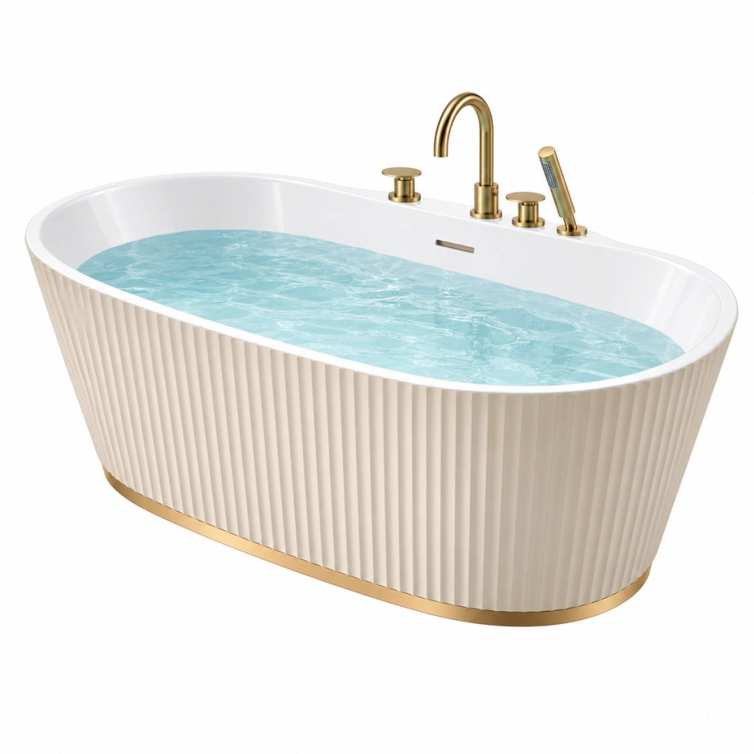 Freistehende Badewanne 170 x 75 x 58 cm Acryl Weiß Gold oval geriffelt für Badezimmer