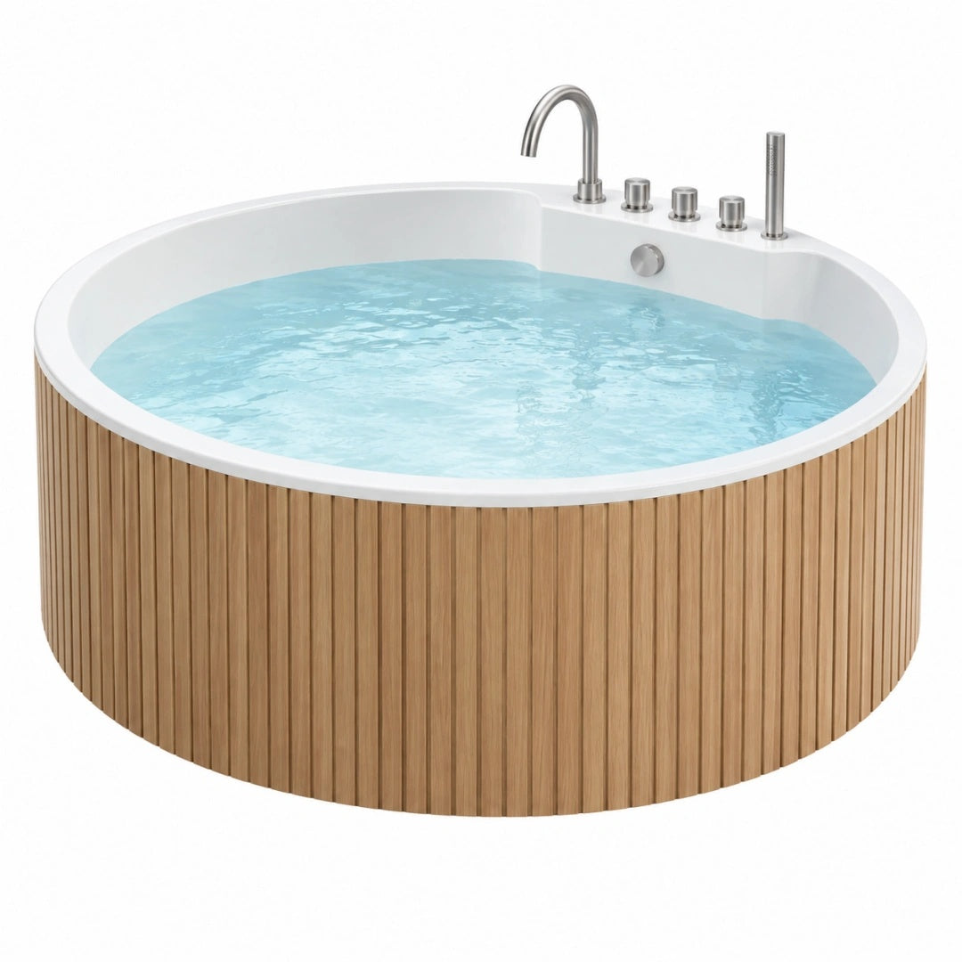 Runde Badewanne 150 cm aus Acryl in Weiß mit Holzverkleidung für das Badezimmer