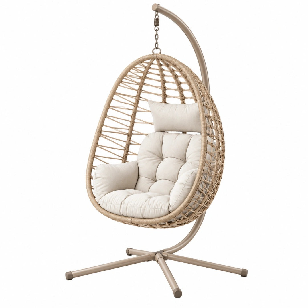 Hängesessel 105 x 105 x 195 cm beige mit Metallgestell und Geflecht für Wohnbereich und Terrasse