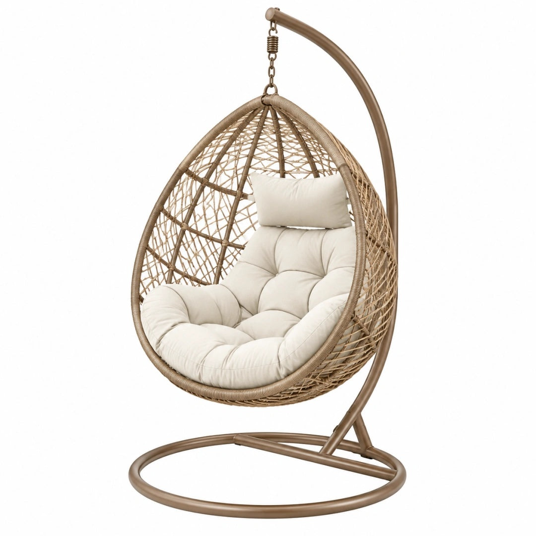 Hängesessel 105 x 105 x 195 cm aus Kunststoffgeflecht in Beige mit Metallgestell im Boho Stil