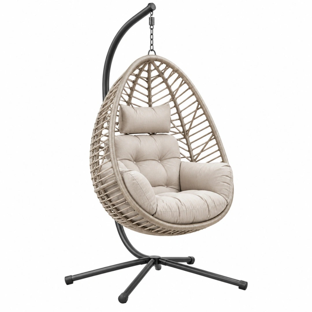 Hängesessel 105 x 105 x 195 cm aus Kunststoffgeflecht Beige mit Metallgestell Schwarz - gepolsterter Loungesessel