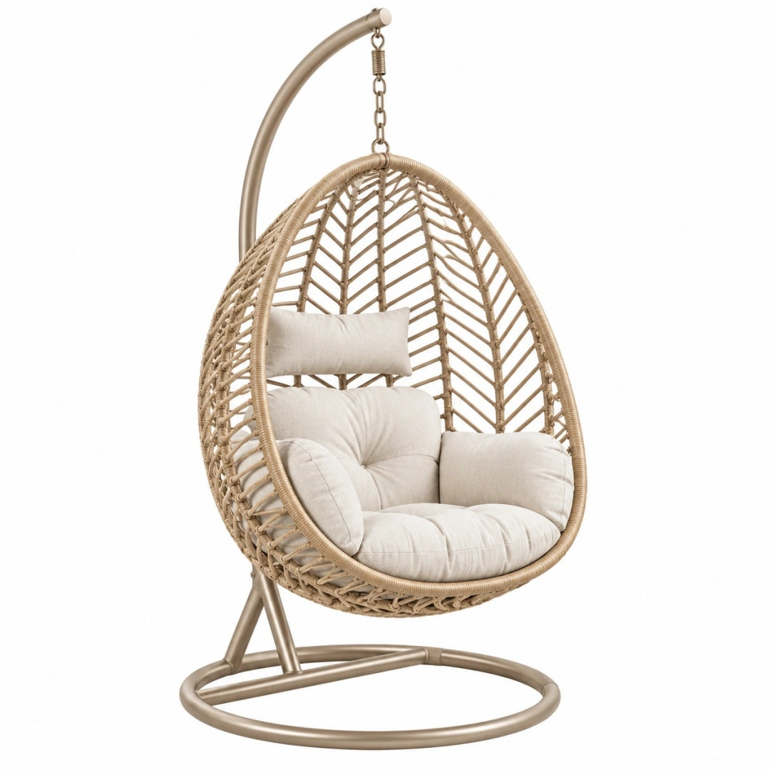 Hängesessel 105 x 105 x 195 cm Beige Metall Kunststoffgeflecht für Wohnbereich mit Gestell