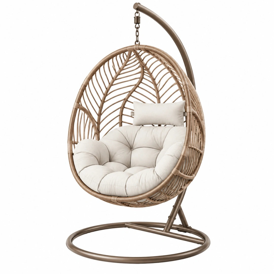 Hängesessel 105 x 105 x 195 cm aus Stahl und Kunststoffgeflecht in Taupe Creme freistehend