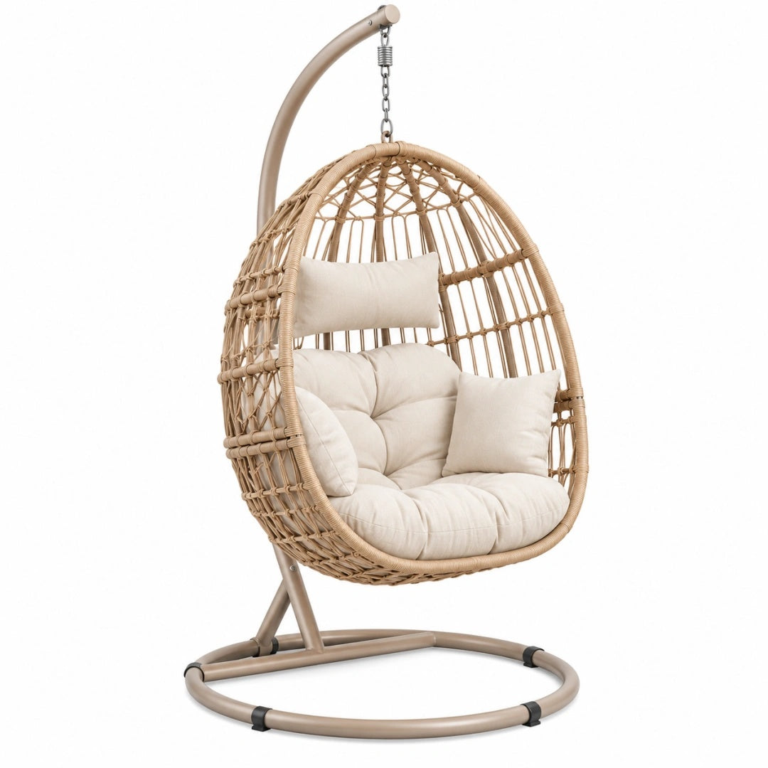 Hängesessel 105 x 105 x 195 cm mit Geflecht in Beige Creme - freistehender Sitzsessel im natürlichen Stil