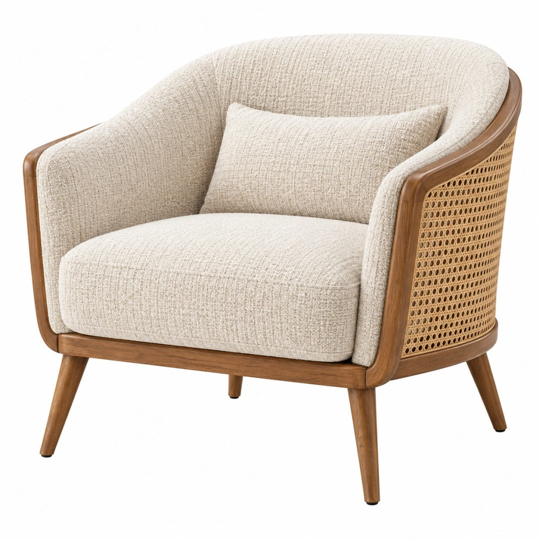 Sessel 80 x 78 x 82 cm mit Textilbezug in Creme Holz und Rattan im Retro Stil