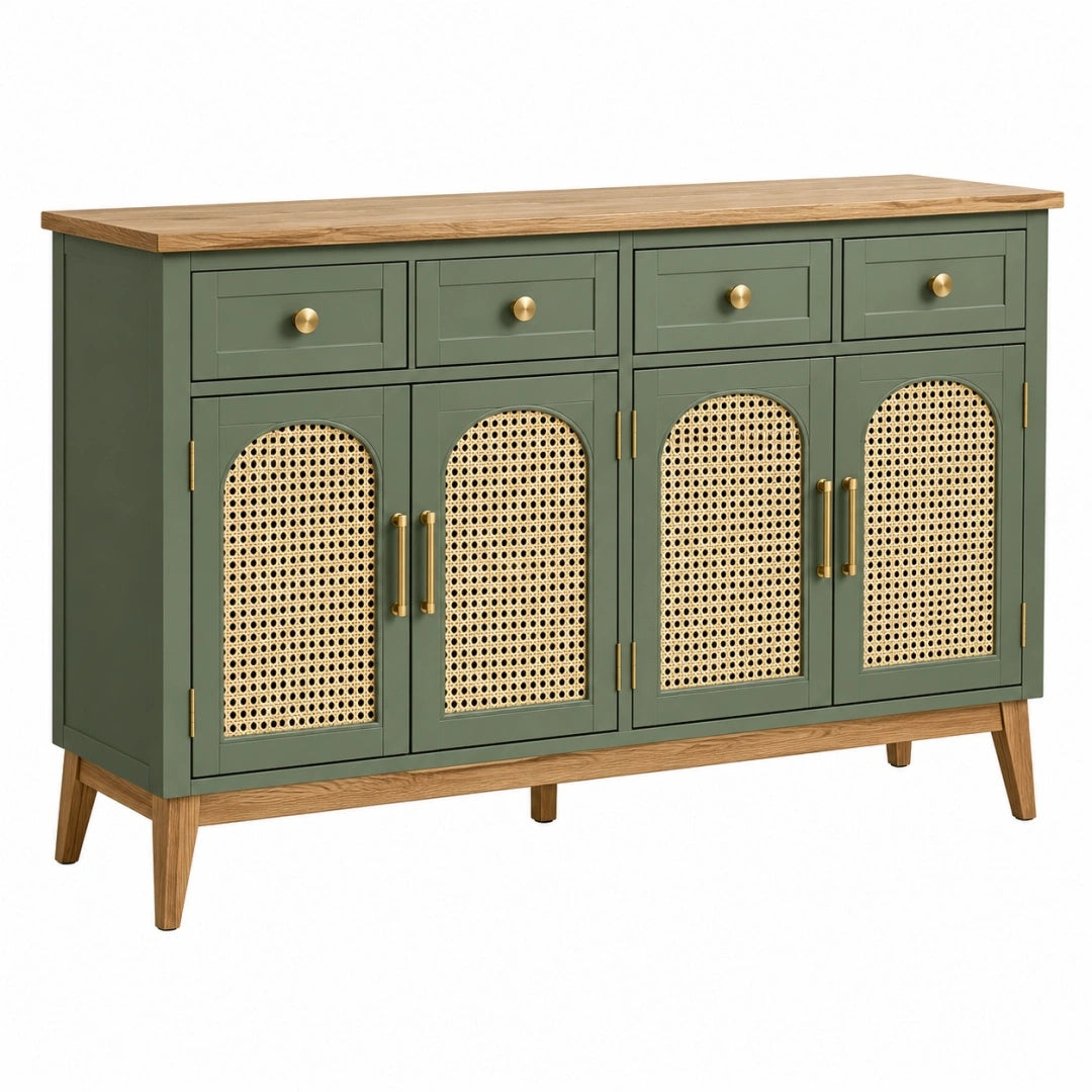 Sideboard 180 x 45 x 90 cm aus Holz Grün mit Rattangeflecht im Retro Stil