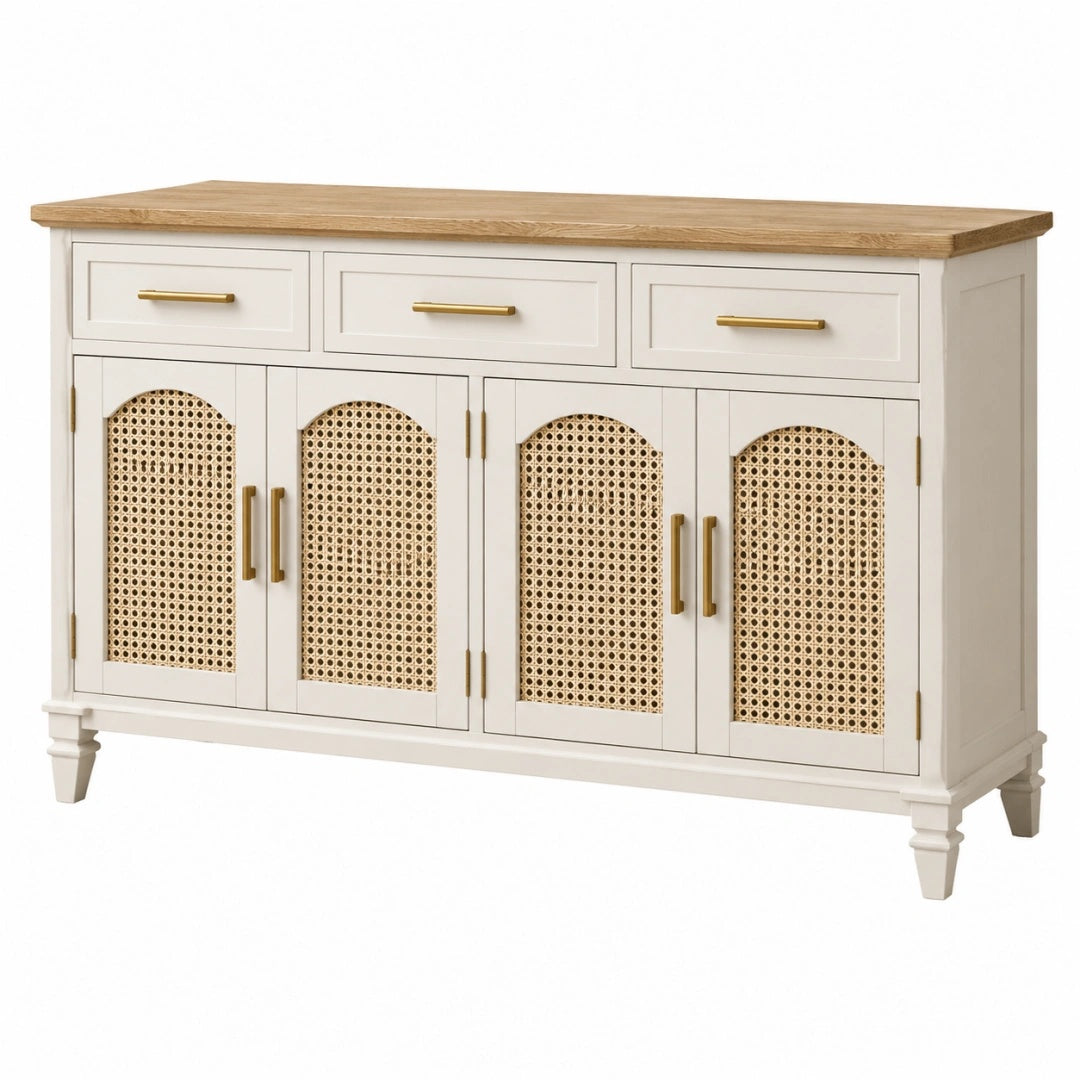 Sideboard 150 x 40 x 90 cm aus Holz in Weiß Natur mit Rattangeflecht Landhausstil