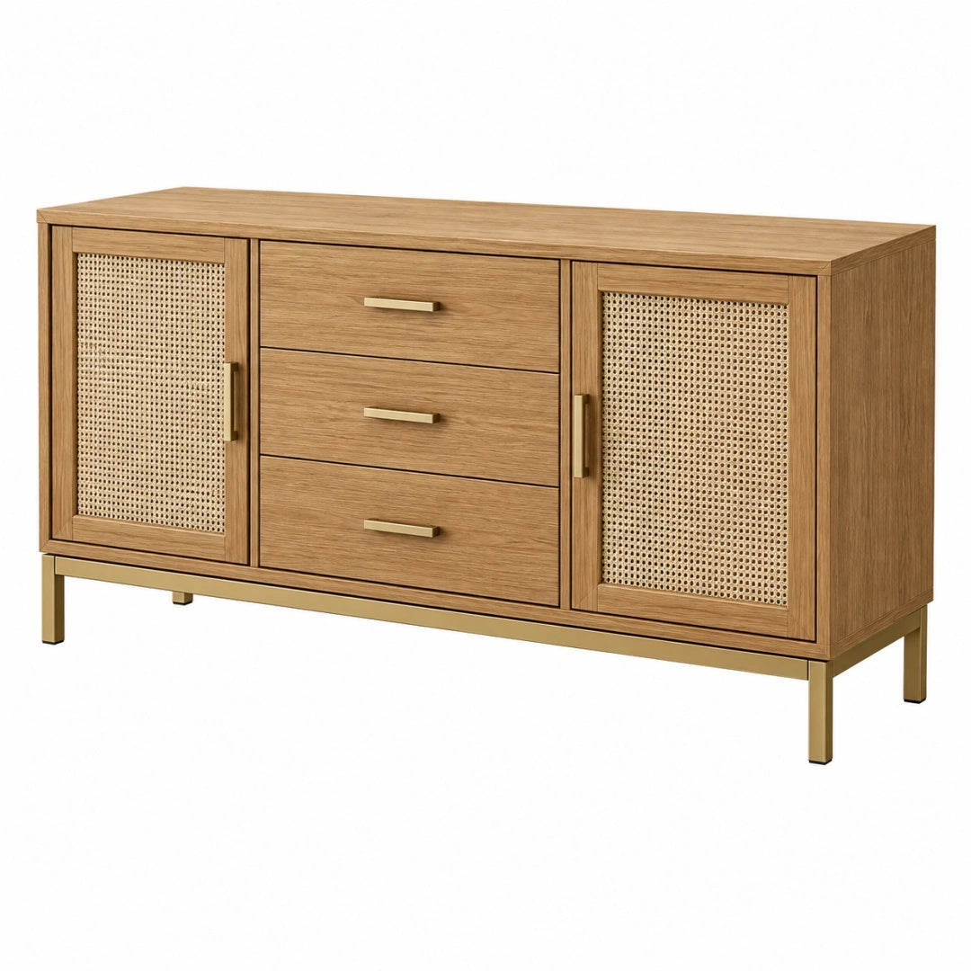 Sideboard 150 x 40 x 85 cm Naturbraun aus Holzwerkstoff mit Rattangeflecht - Stauraummöbel im Retro-Stil