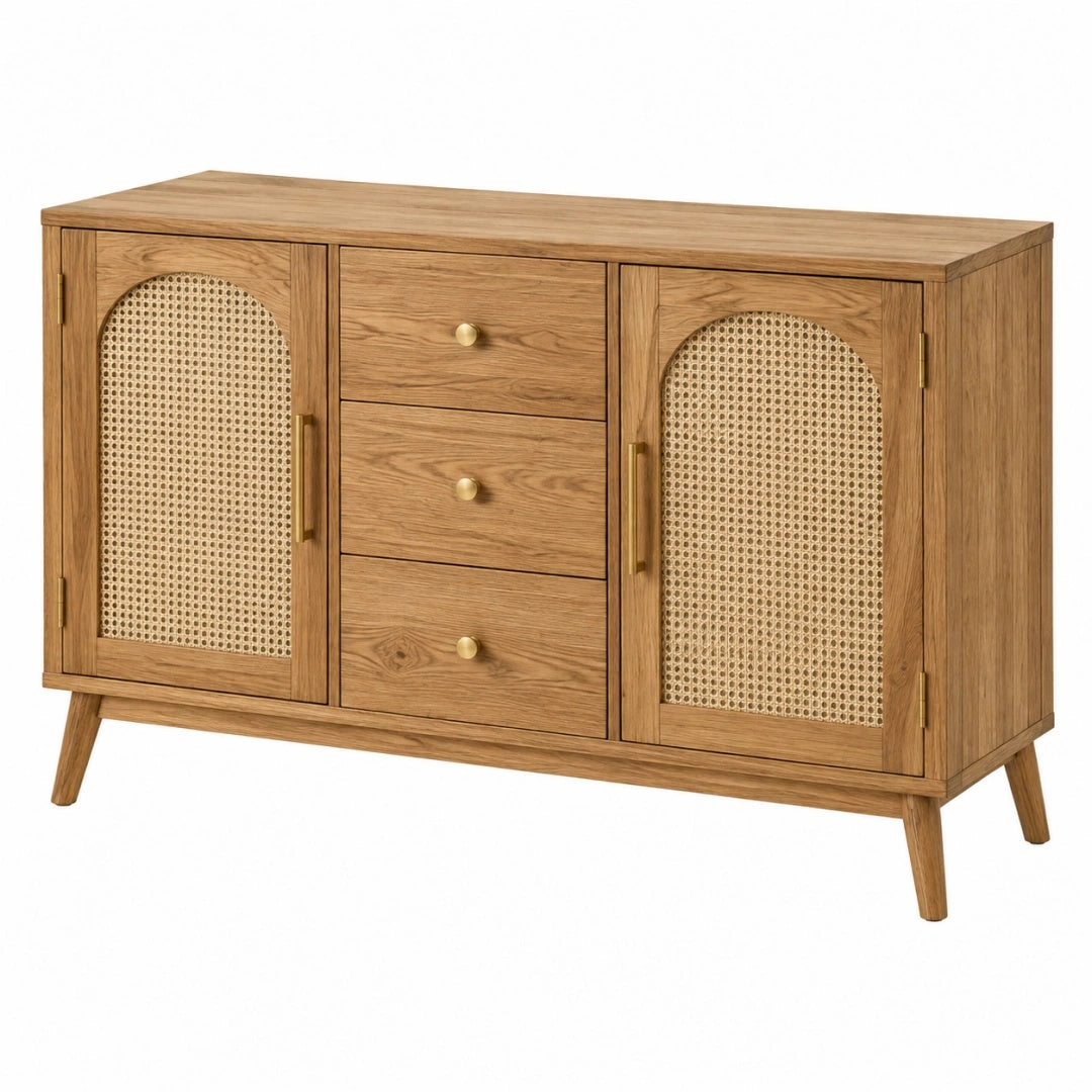 Sideboard 140 x 40 x 80 cm aus Holz in Natur mit Rattangeflecht und Stauraum