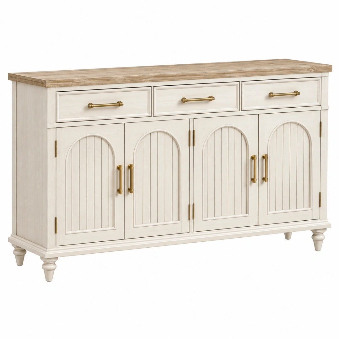Sideboard 160 x 45 x 90 cm in Weiß und Naturholzoptik mit 3 Schubladen und 4 Türen im Landhausstil