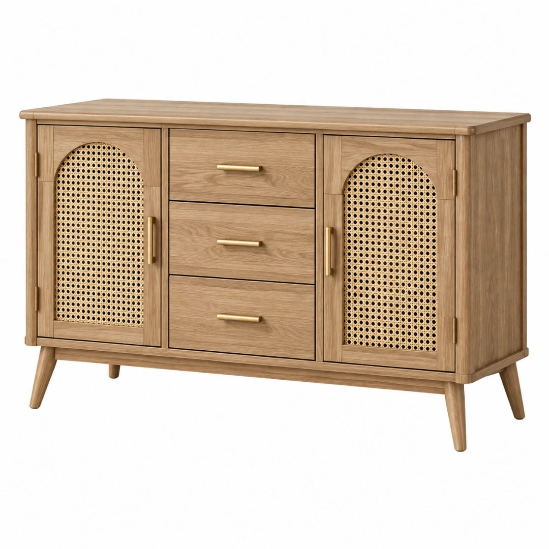 Sideboard 160 x 45 x 85 cm aus Holz und Rattan in Natur mit 3 Schubladen