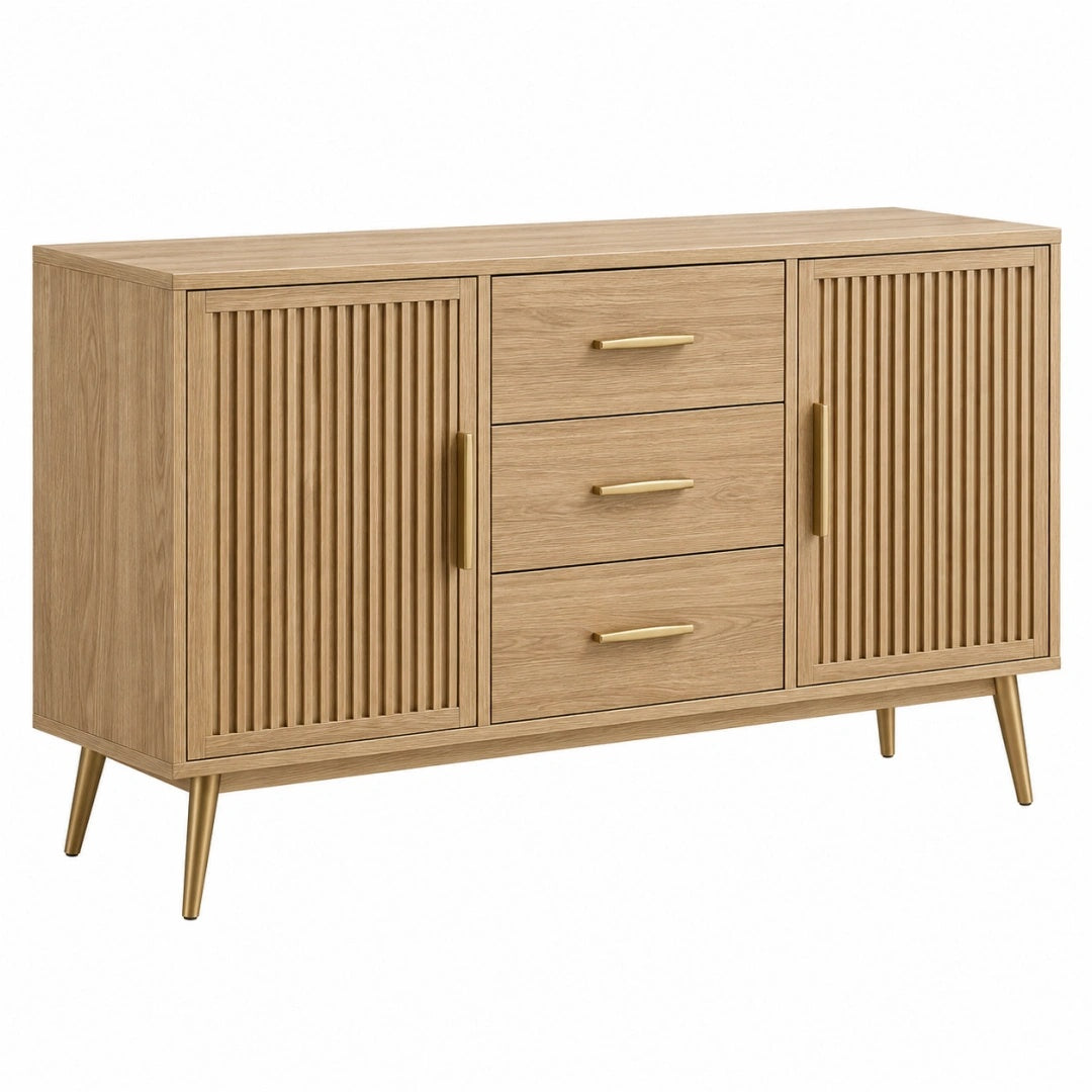 Sideboard 150 x 40 x 80 cm Holz Natur mit Lamellentüren und Schubladen