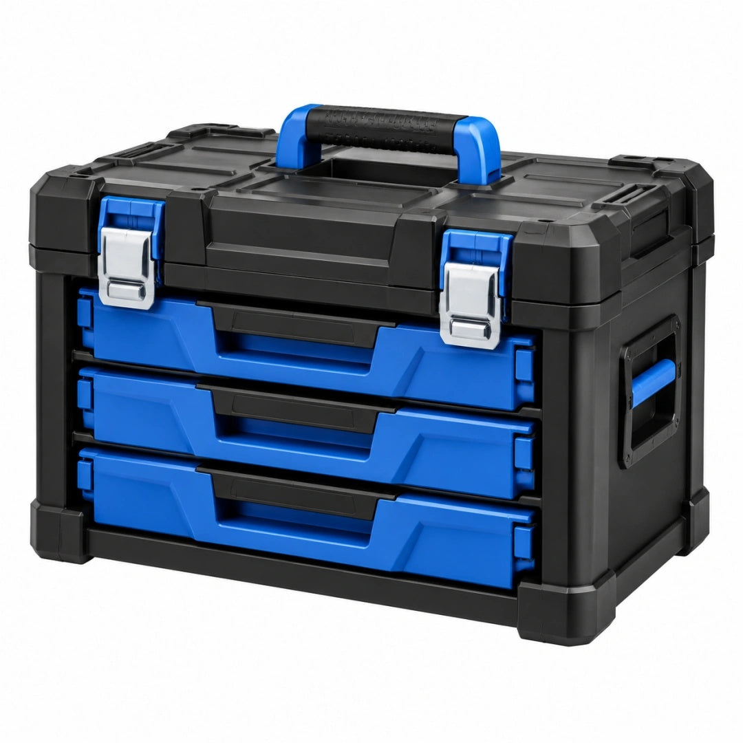Werkzeugkoffer 50 cm Kunststoff Schwarz Blau mit 3 Schubladen tragbar