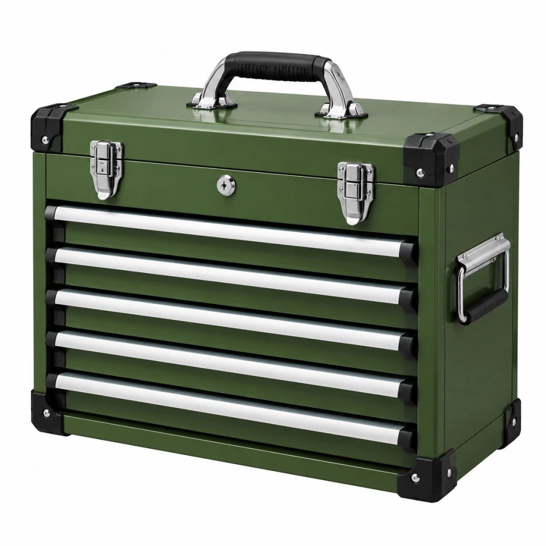 Werkzeugkoffer 52 x 28 x 38 cm aus Metall in Grün mit 5 Schubladen und Tragegriff